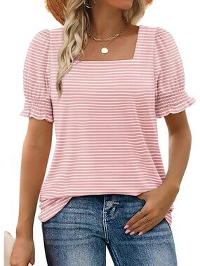 Women's 1 Pink Stripe Square Neck Top Summer Casual Ruffle Trim Sleeve T Shirt